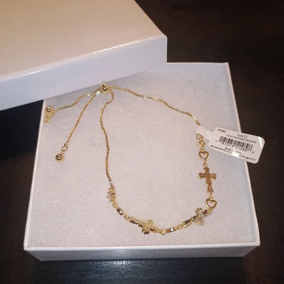 Heart and cross adjustable women's bracelet Gold cz . Brand new in box - Picture 1 of 3